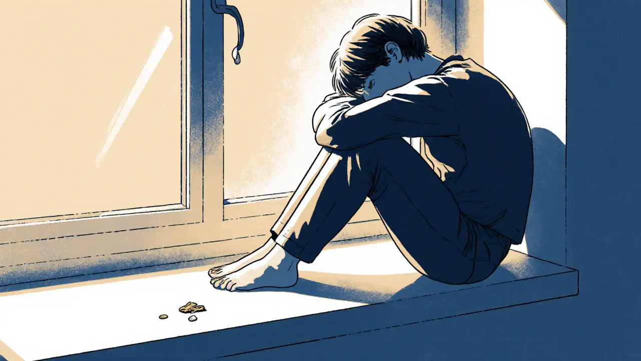 Člověk sedí u okna po terapii, slzy uschly, slunce osvětluje ticho.