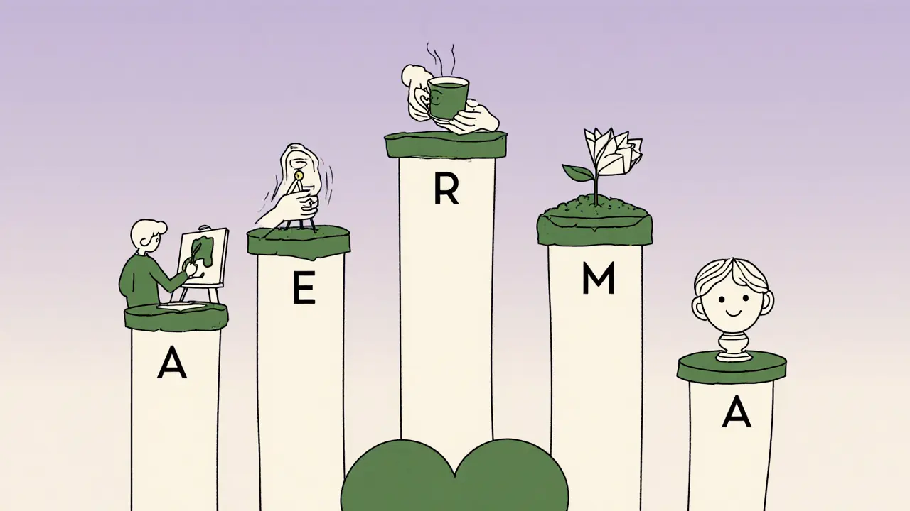 Pět pilířů štěstí PERMA vystupuje z srdce jako symboly každodenních chvílí smyslu, vztahů a angažovanosti.