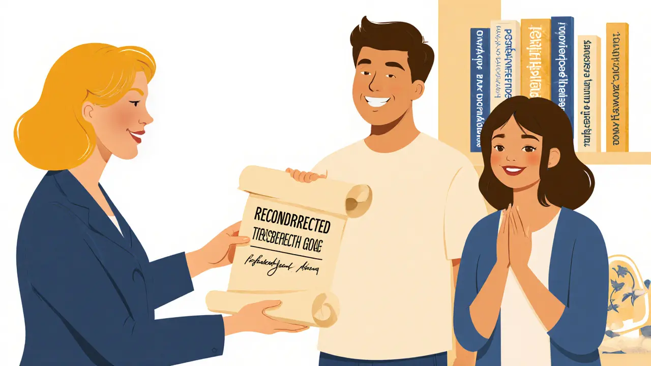 Terapeut předává dvojici podepsanou smlouvu o nových cílech terapie.