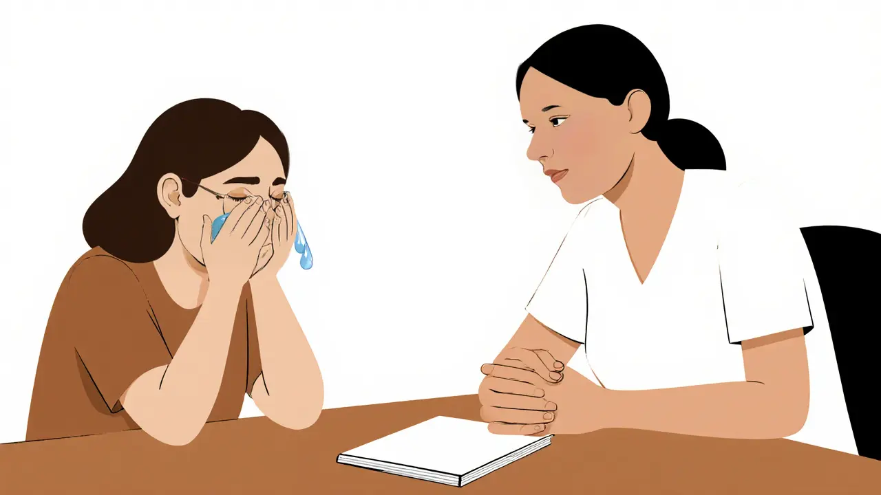 Terapeut sedí u klienta, který pláče, oba v klidné, bezpečné atmosféře.