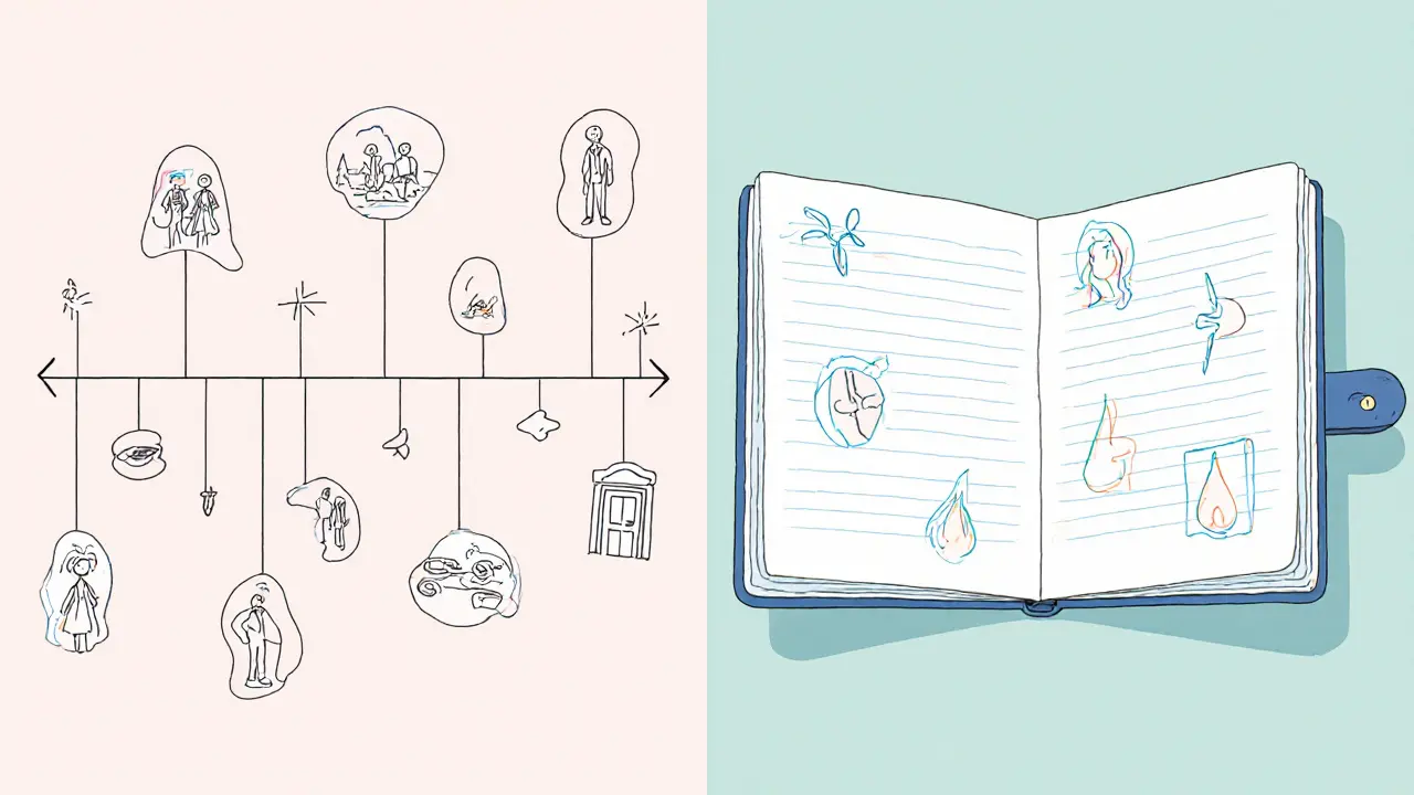 Časová osa života s emocionálními symboly místo klinických poznámek.