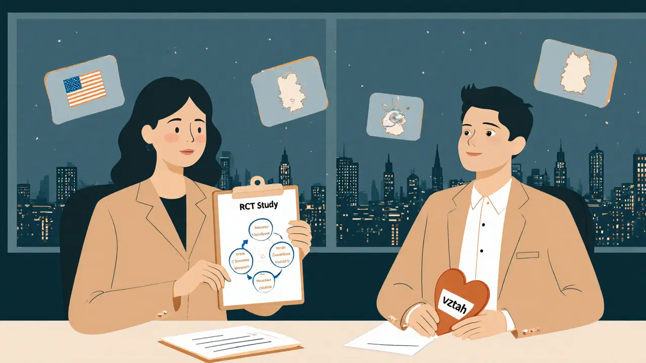 Český terapeut s klientem, za nimi výzkumné studie z různých zemí.