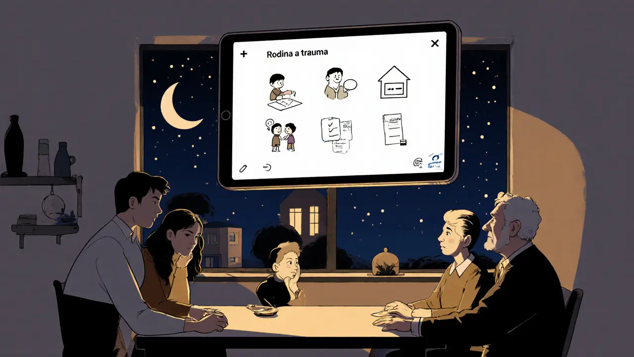 Členové rodiny interagují s digitální platformou &#039;Rodina a trauma&#039; na kuchyňském stole večer.