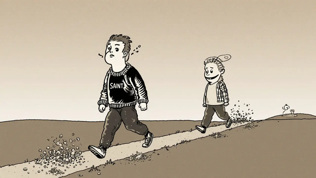 Člověk kráčí po cestě, kde každý krok mění černobílé obrazy na odstíny šedi, symbolizující přechod ke složitějšímu vnímání.