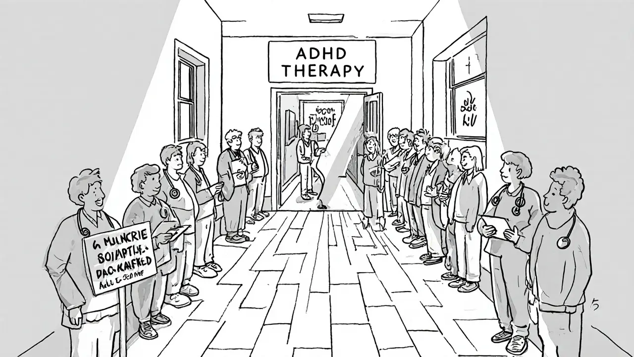 Dlouhá fronta lidí čeká na terapii ADHD, zatímco jen několik terapeutů pracuje u vchodu s nízkou kompenzací.