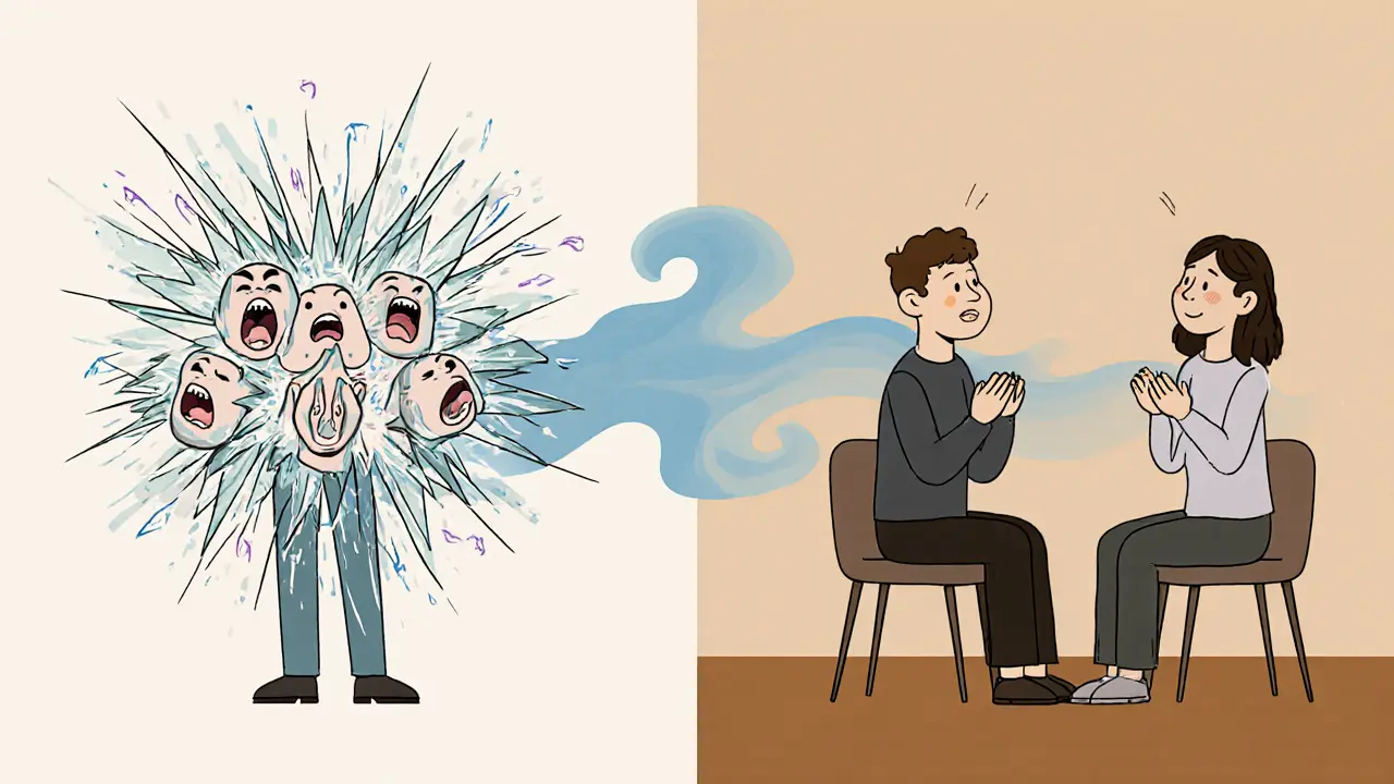 Dvě části scény: vlevo chaos emocí, vpravo klidný dýchací proces s terapeutem.