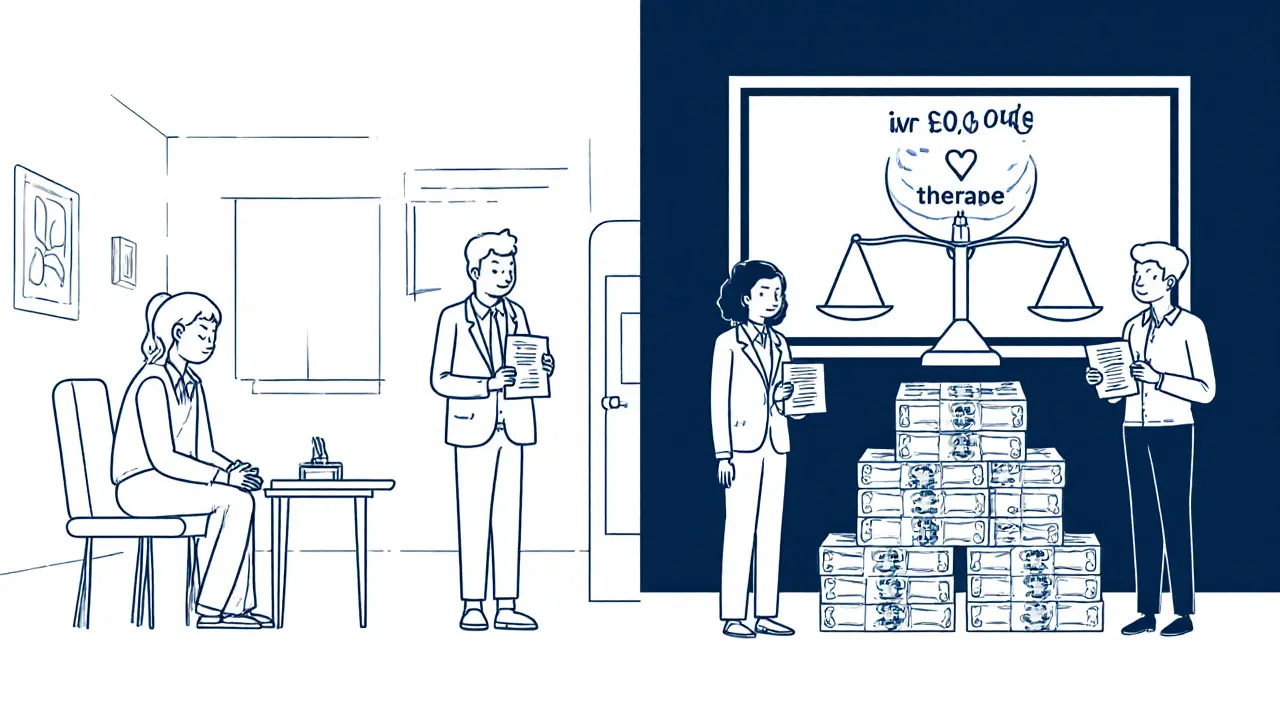 Dvě scény: student v terapii a stejný člověk před odborníky s certifikáty, váha s srdcem a penězi.