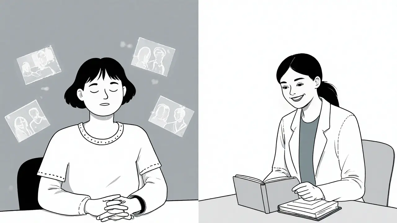 Dvě scény: zkušený terapeut s příběhy minulosti a mladý terapeut s prázdným poznámkovým blokem.