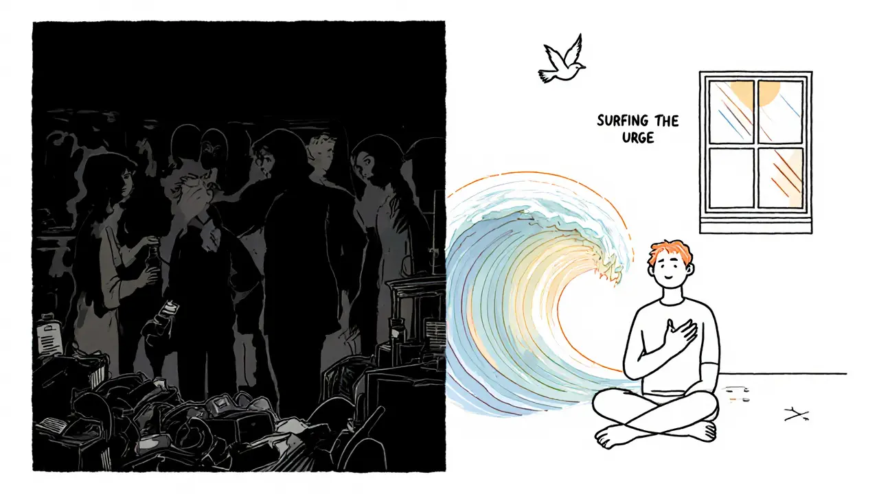 Dvě strany jednoho člověka: jedna strana v temnotě, druhá v klidu s vlnou touhy, která mizí.