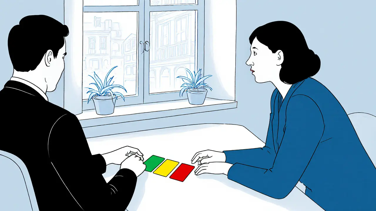 Klient a terapeut u stolu s třemi barevnými kartami, klient se dotýká červené karty.