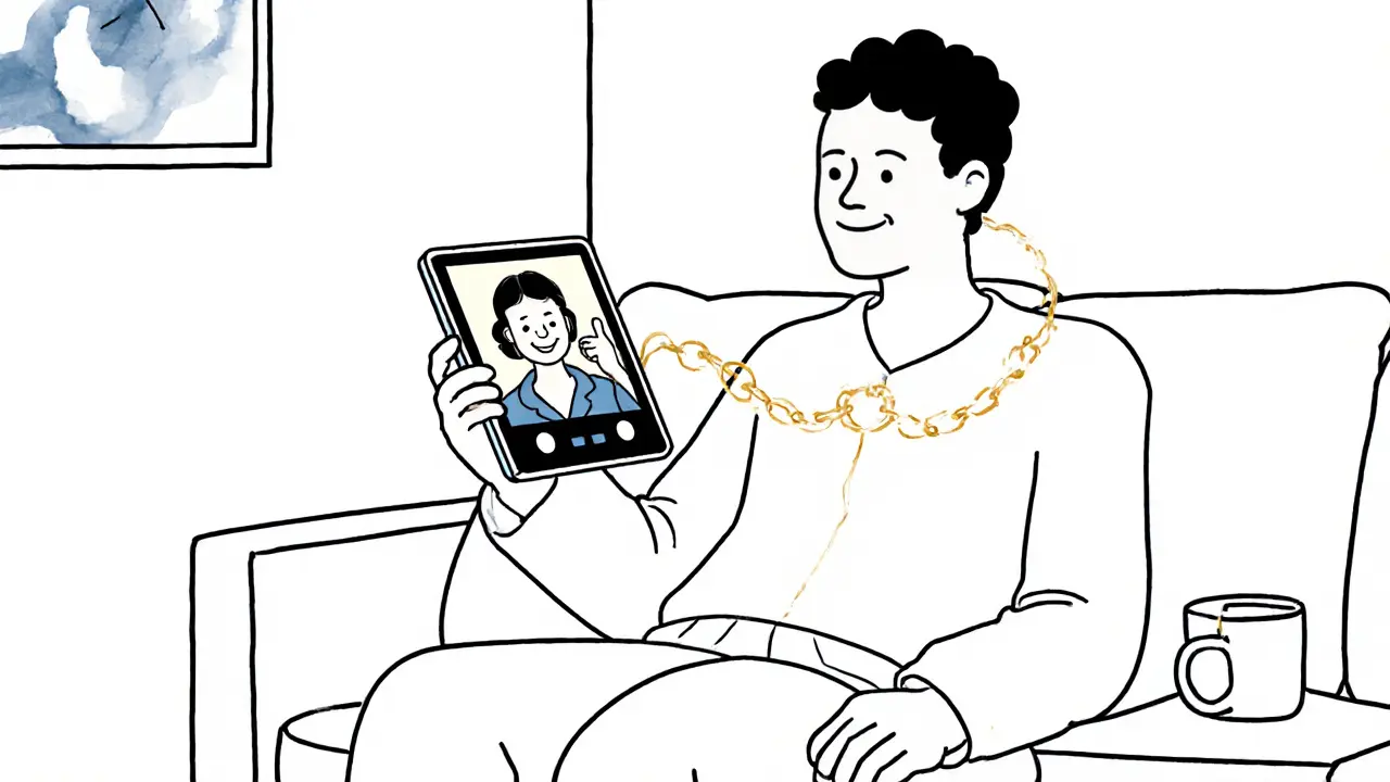 Klient doma přes videohovor s terapeutem, zlatá nit spojuje obrazovku s jeho srdcem, symbolizující spojení i na dálku.