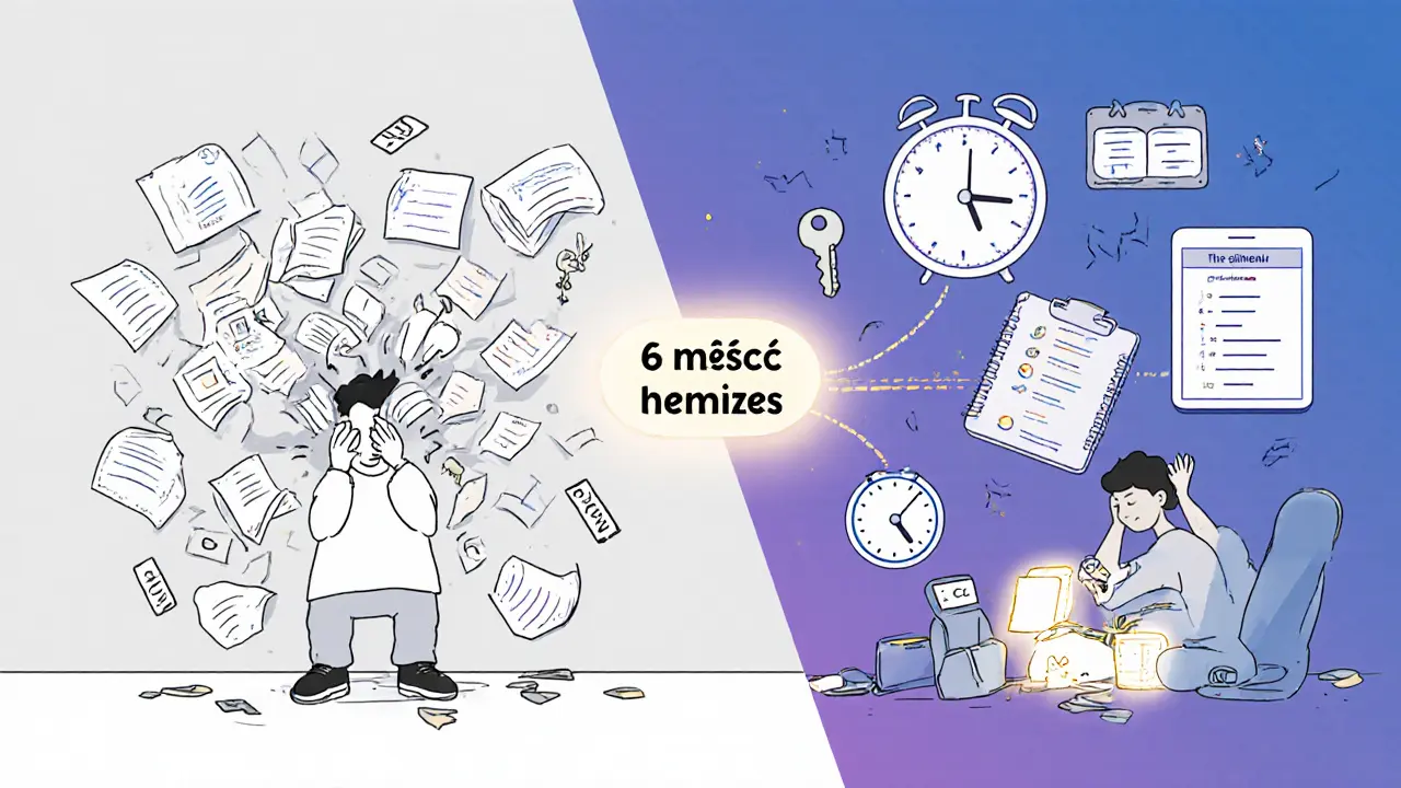 Kontrast mezi chaosem a řádem v životě osoby s ADHD během terapie.