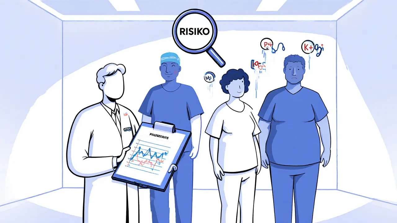 Lékař s grafem poklesu fosforu a tři rizikové pacienti pod zvětšovacím sklem.