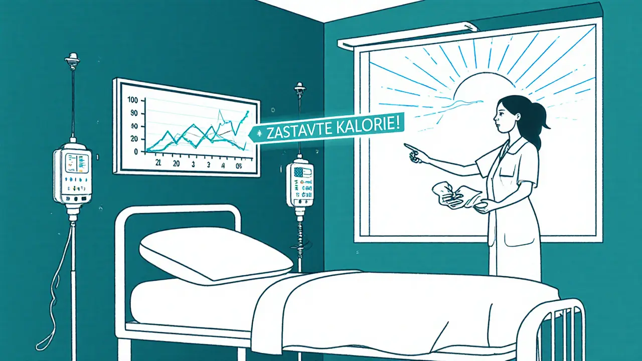 Moderní monitorovací panel v české nemocnici s upozorněním na zastavení příjmu kalorií.