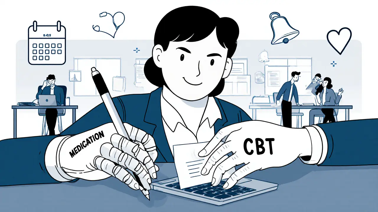 Osoba drží dvě ruce — jednu mechanickou s lékem, druhou lidskou s terapií — které jí pomáhají psát e-mail.