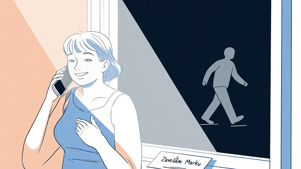 Osoba hovorí po telefonu, zatímco starý zvyk přejídání postupně mizí ve stínu.