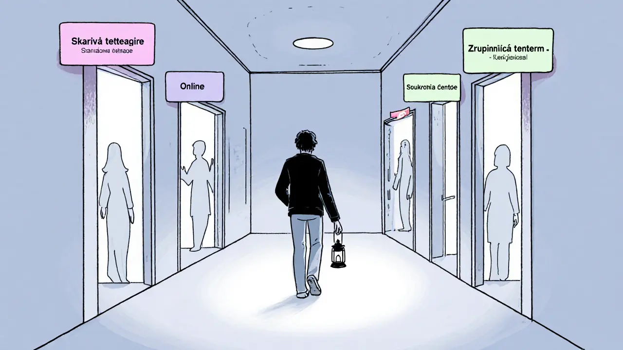 Osoba jde chodbou s dveřmi různých forem terapie, každá odhaluje jemné světlo a podporující postavy.