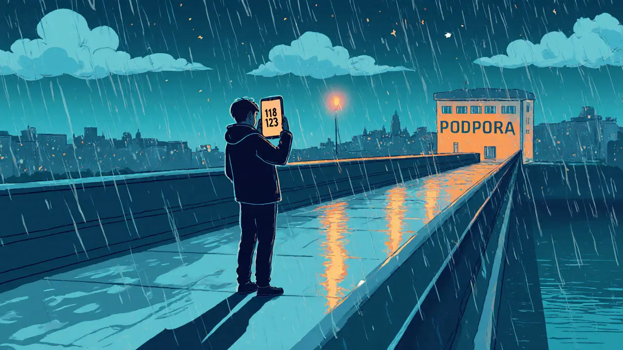 Osoba na mostě volá bezplatnou linku důvěry při soumraku.