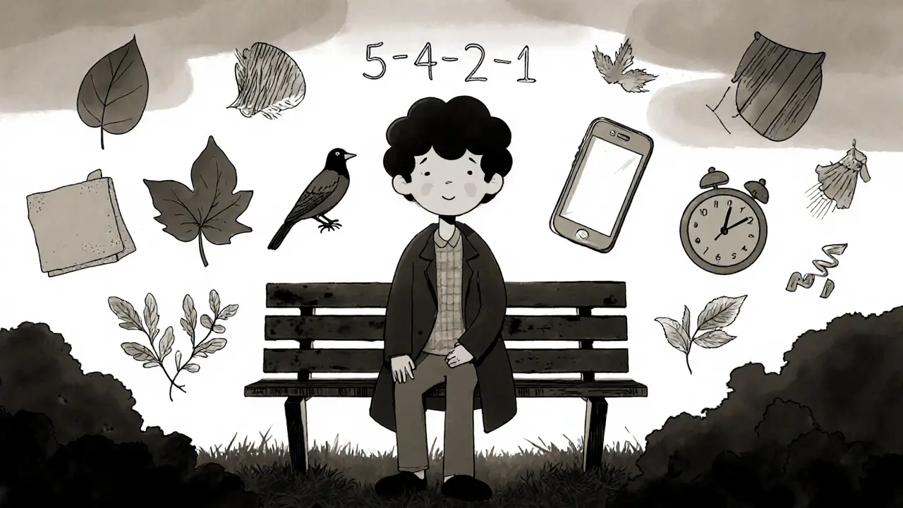 Osoba používá 5-4-3-2-1 techniku na lavičce v parku.