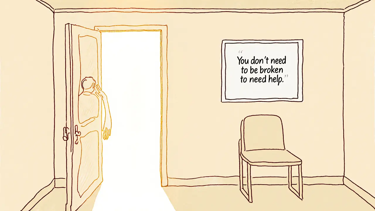 Osoba se zastaví před otevřenými dveřmi terapeutické místnosti, vnitřek je osvětlený a pozvaný.