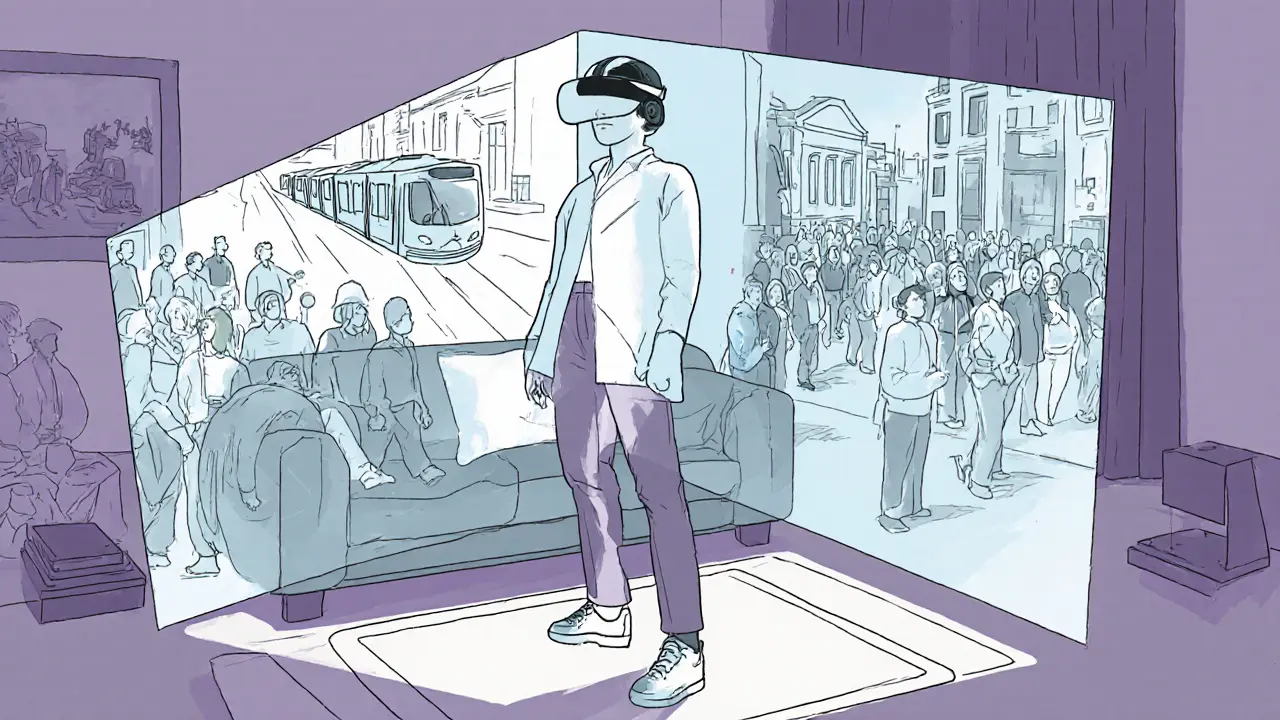 Osoba v headsetu pro virtuální realitu vidí holografické scény veřejných míst, zatímco zůstává v klidu doma.