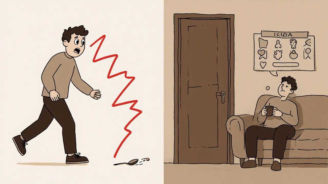 Příklad reakce na trigger a bezpečnou odpověď v domácím prostředí, znázorněný v obou částech scény.