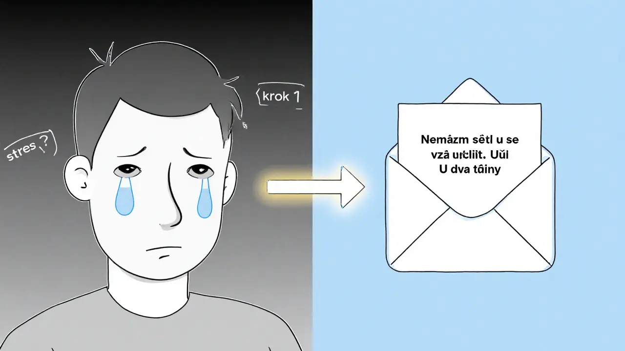 Rozdělený obraz: osoba, která se bojí psát, a ta samá, která e-mail odeslala.