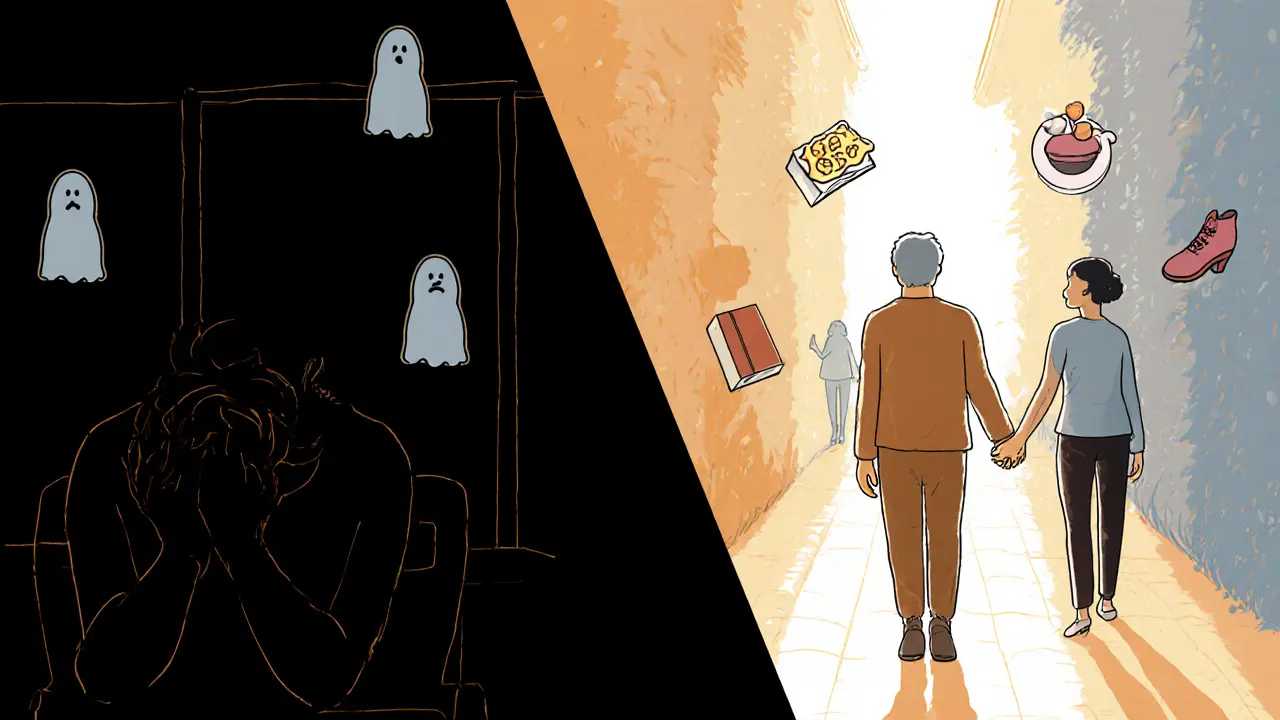 Rozdělený scénář: temná samota napravo, světlá cesta se společenstvím vlevo.