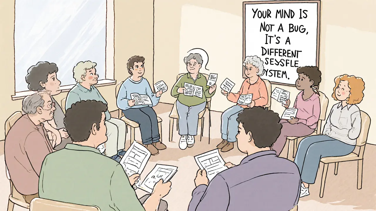 Skupina lidí v komunitním prostoru, kteří komunikují písemně a vizuálně.