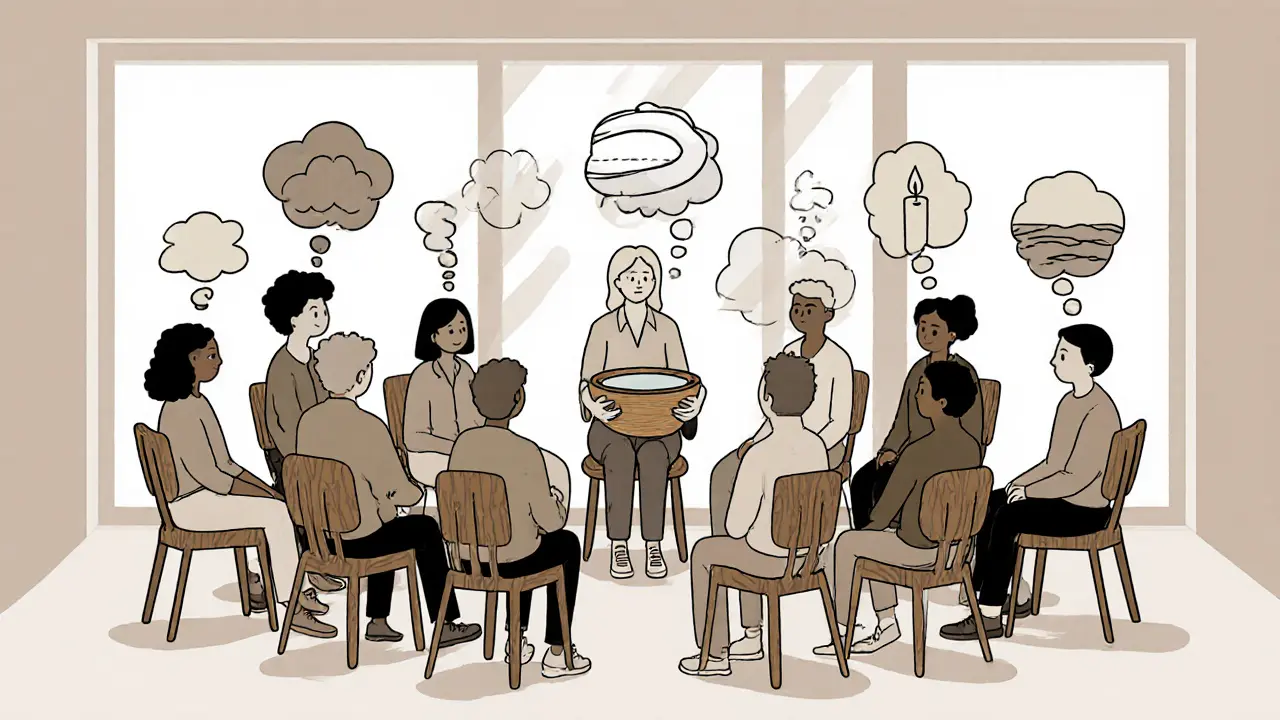 Skupina lidí v kruhu medituje pod světlem, nad jejich hlavami jsou myšlenky jako obláčky.