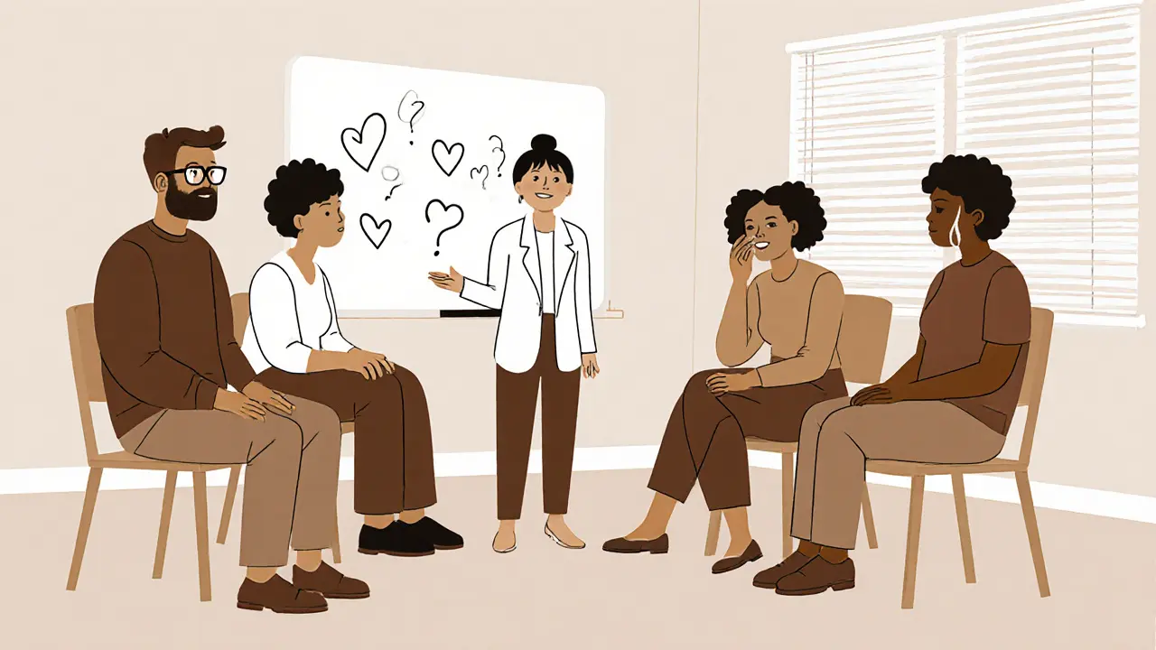 Skupinová terapie s čtyřmi lidmi a terapeutem v klidném prostředí.