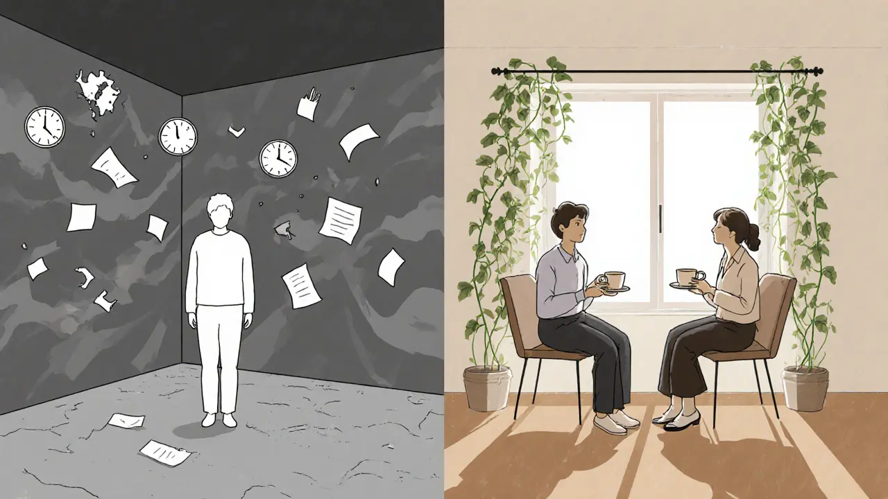 Stejná osoba v rozdělené scéně: v bouřce na levé straně, v klidu a světle na pravé.