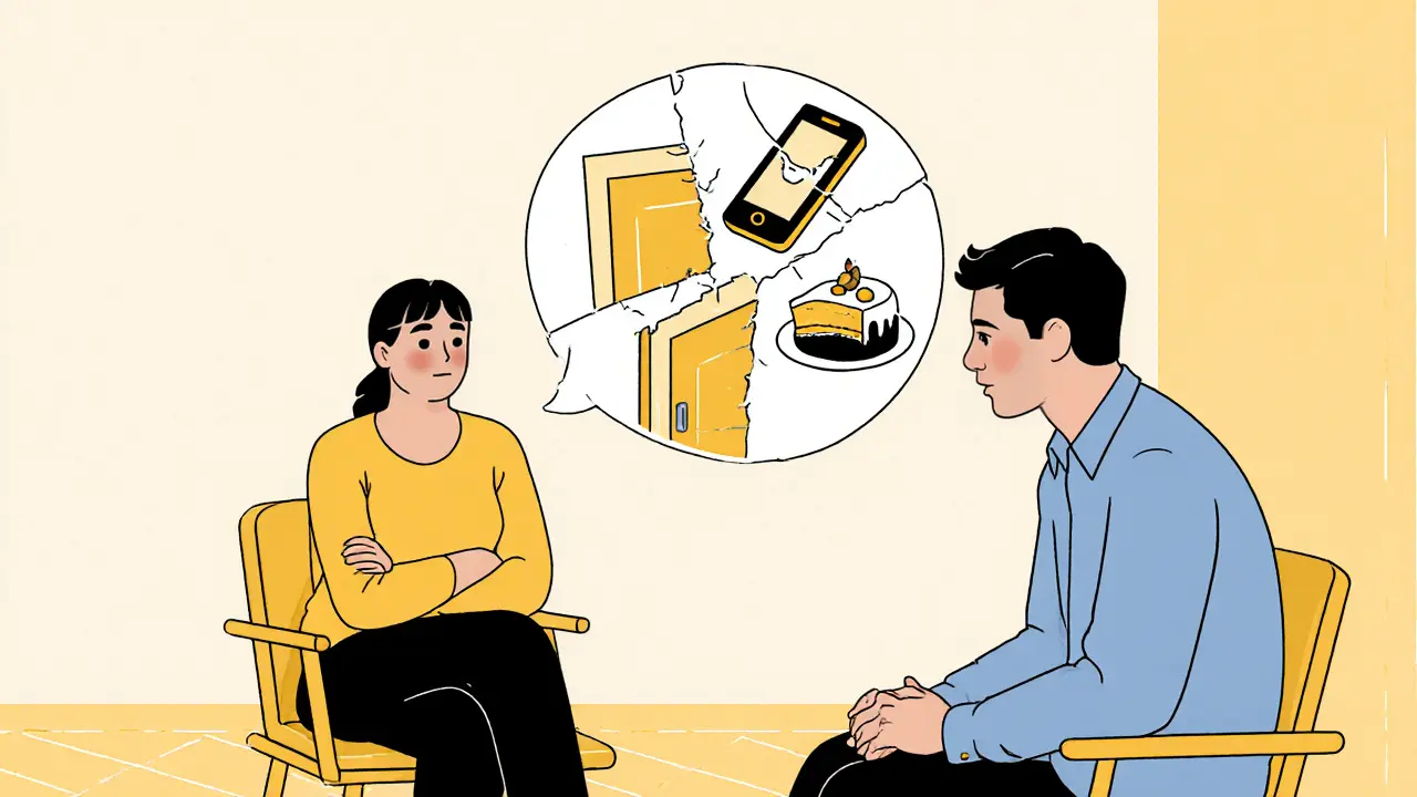 Terapeut a klient hovoří v klidné místnosti, mezi nimi je symbolická bublina s vztahovými scénami.