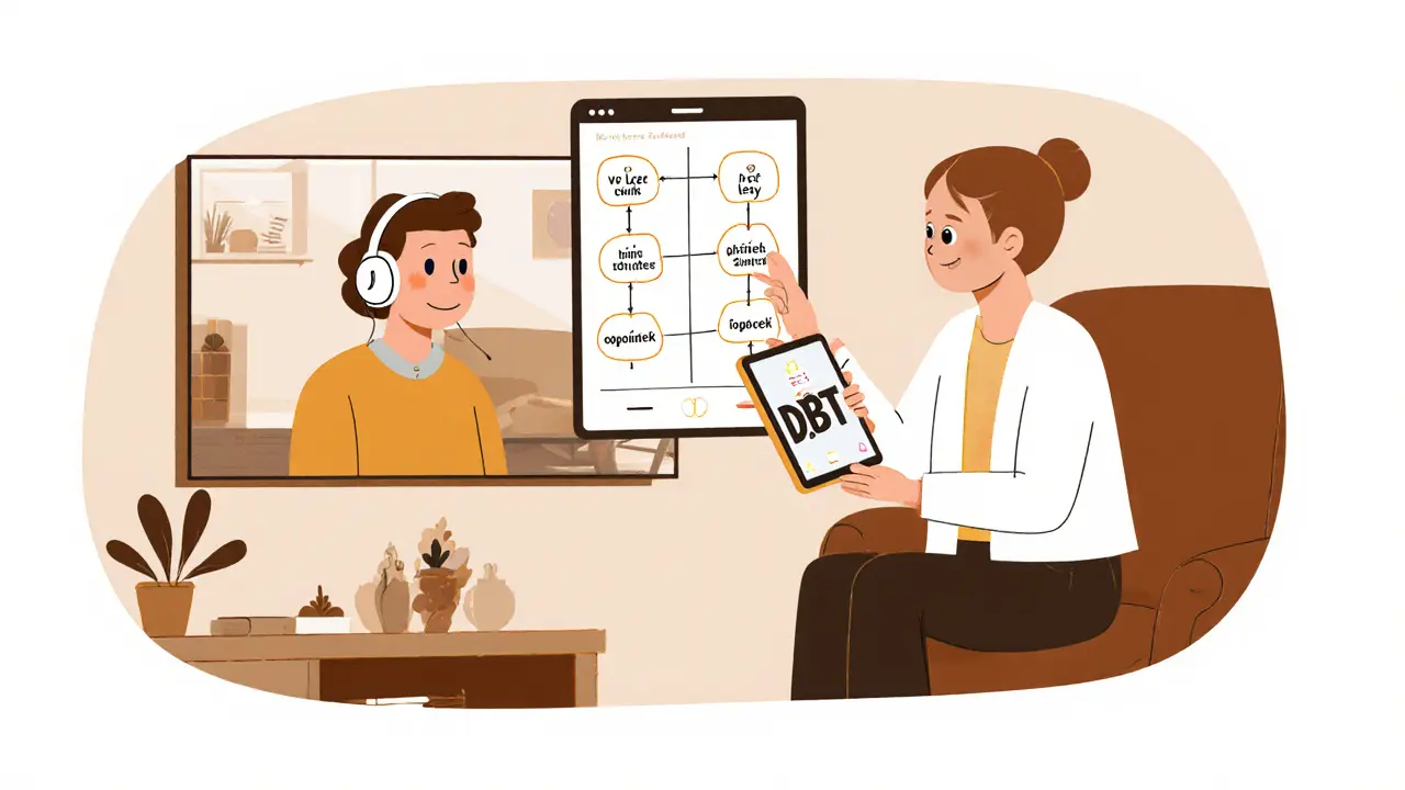 Terapeut a klient komunikují přes videohovor s vizuálními nástroji pro ADHD terapii.