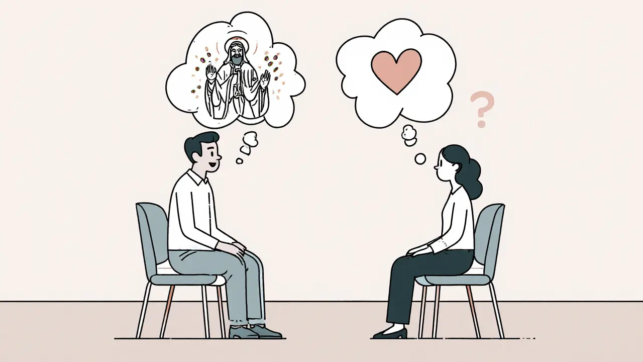 Terapeut a klient sedí proti sobě, klient má v myšlenkách rozdělený obraz, terapeut má jen srdce.