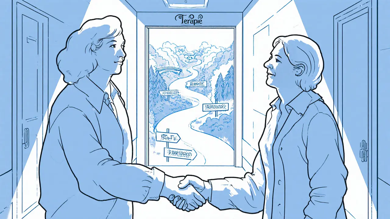 Terapeut a klient si podávají ruku, za nimi se vynořuje cesta jejich terapeutické cesty.