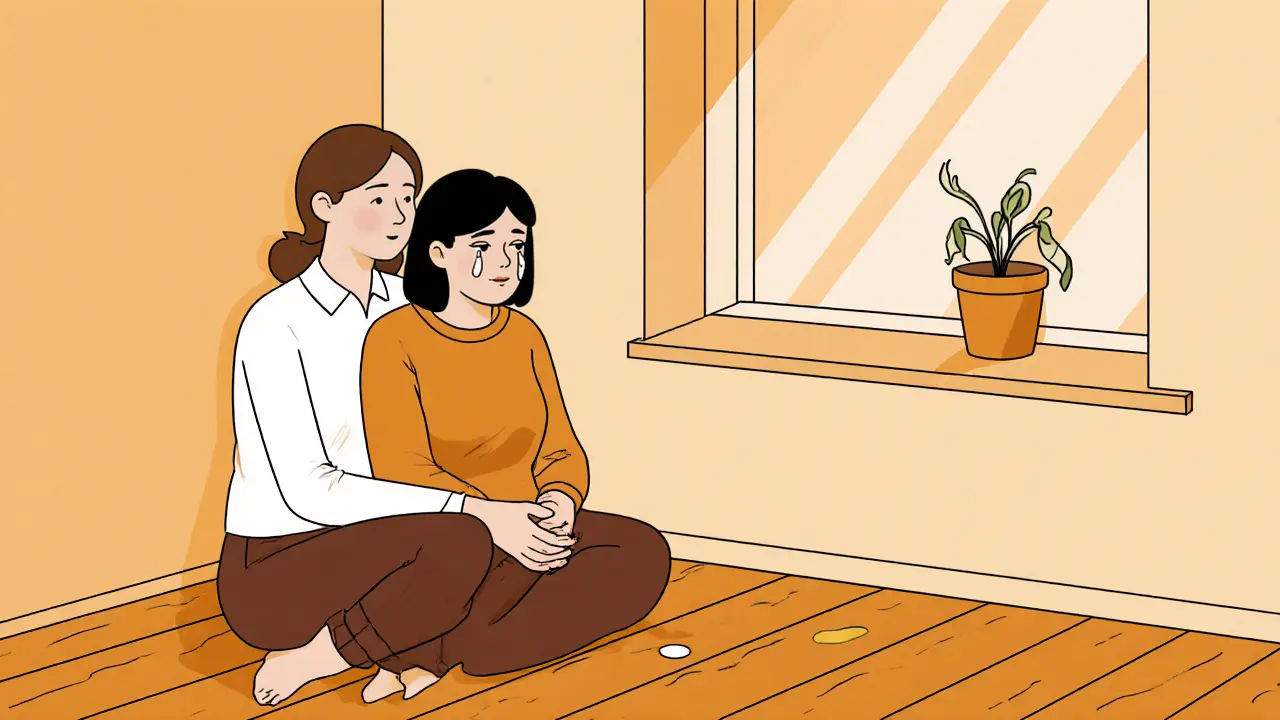 Terapeut a klient v tichém okamžiku, kdy klient pláče, terapeut sedí klidně vedle.