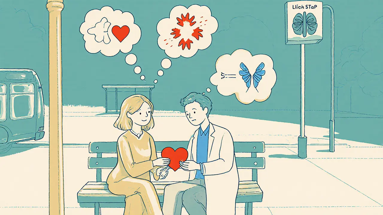 Terapeut a pacient sedí na lavičce u autobusové zastávky, myšlenky z paniky se mění v klidné dýchání.