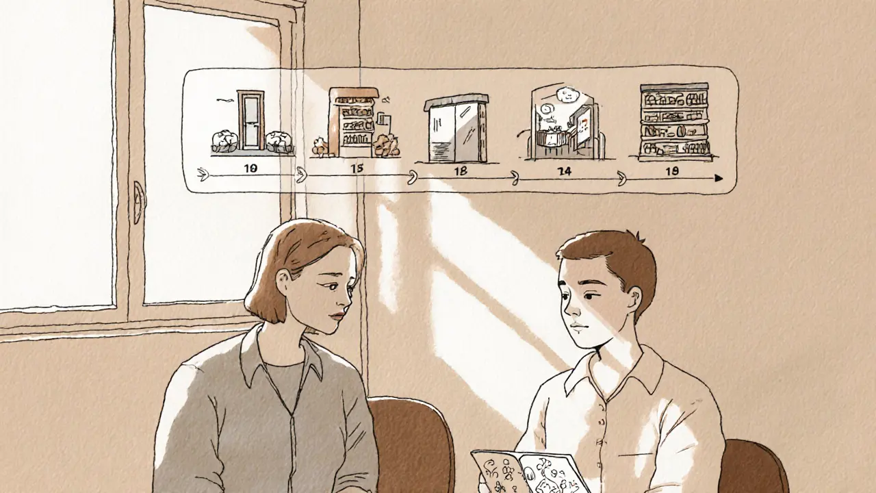 Terapeut a pacientka spolu sedí, mezi nimi je vizuální časová osa kroků terapie od domu k nákupnímu středisku.