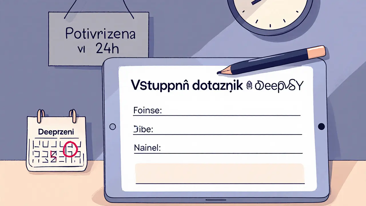 Terapeutova kancelář s dotazníkem DeepPSY a hodinami ukazujícími čas do potvrzení.