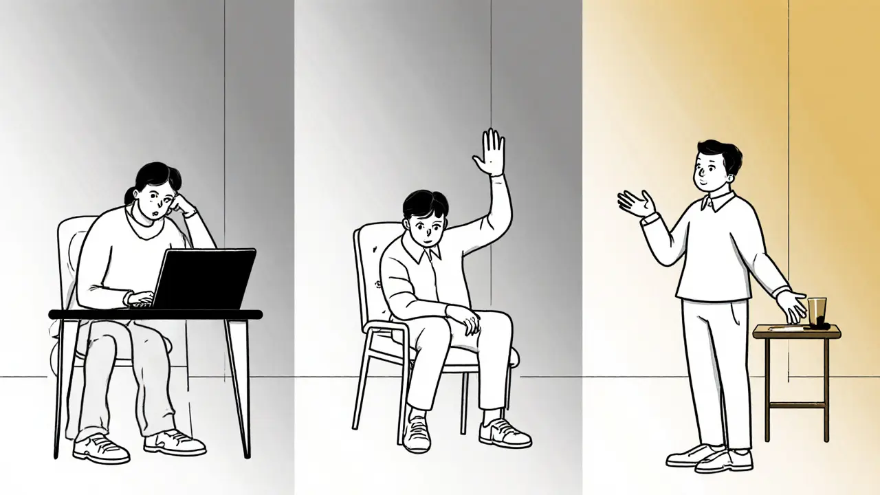 Tři scény terapie: jeden terapeut ignoruje klienta, druhý přerušuje, třetí naslouchá — tělesné jazyky klientů se liší.