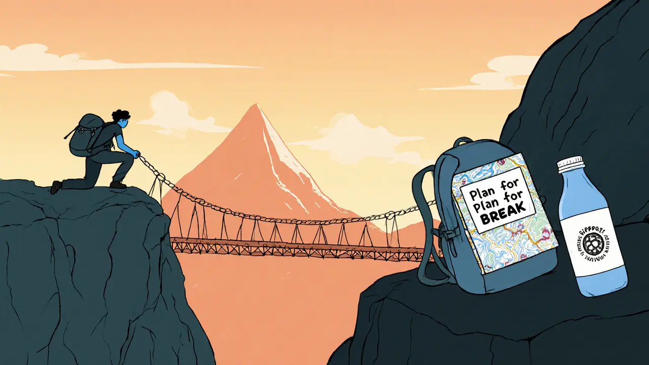 Turista na horské cestě zastavil, za ním otevřený batoh s mapou a láhví podpory.