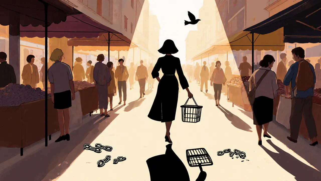Žena kráčí tržištěm, její stín se mění z úzkostného tvaru na silnou postavu, nad ní létá pták.