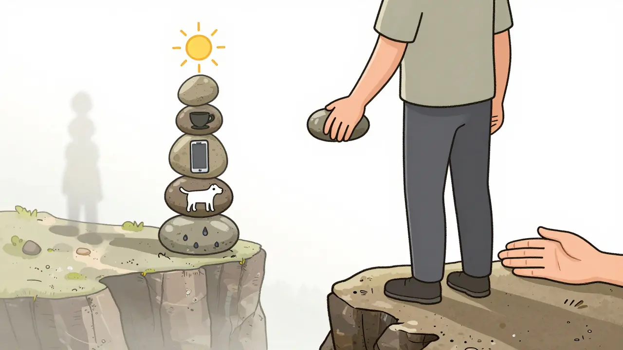 Člověk drží kámen s symbolem dobré chvíle, stojí na hromadě kamenů, za ním neviditelná podpůrná ruka.