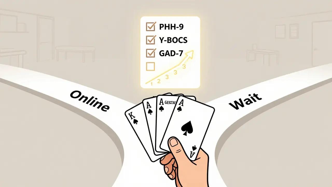 Člověk drží karty různých terapeutických metod a stojí na křižovatce s třemi cestami.