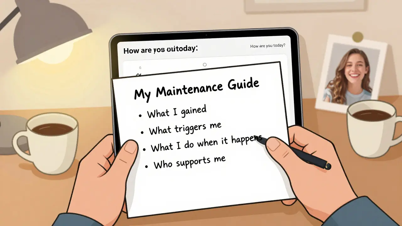 Člověk drží plán udržení výsledků terapie na papíře, za ním se objevuje digitální aplikace pro sledování duševního zdraví.