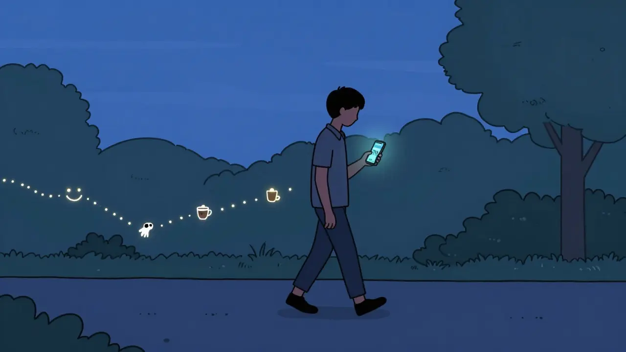 Člověk jde večer po cestě, na telefonu viditelná hodnota nálady 7/10, za ním svítící stopa kladných okamžiků.