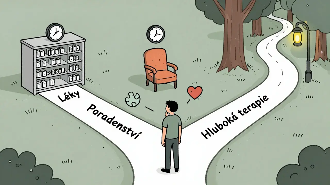 Člověk na rozcestí mezi léky, poradenstvím a hlubokou terapií.