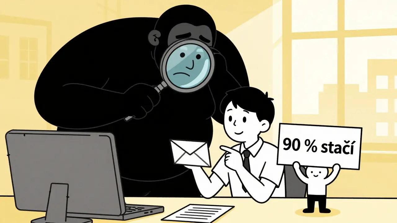 Člověk odesílá e-mail s chybou, zatímco jeho vnitřní kritik se dívá, ale on sám už přijímá nedokonalost.