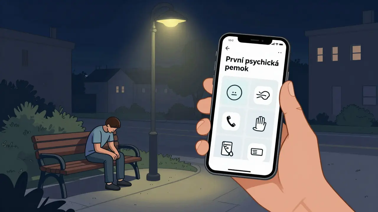 Člověk používá mobilní aplikaci pro mentální první pomoc ve večerním městském prostředí.